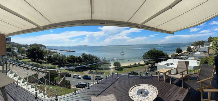 Wide panoramic view of Port Stephens harbour from Riviera's deck, Nelson Bay